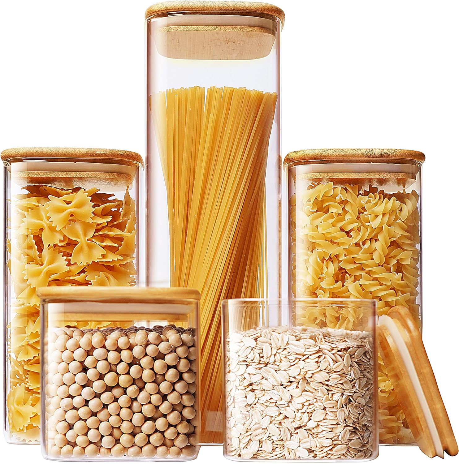 Glass Container Set - Square Glass Jars with Bamboo Lids